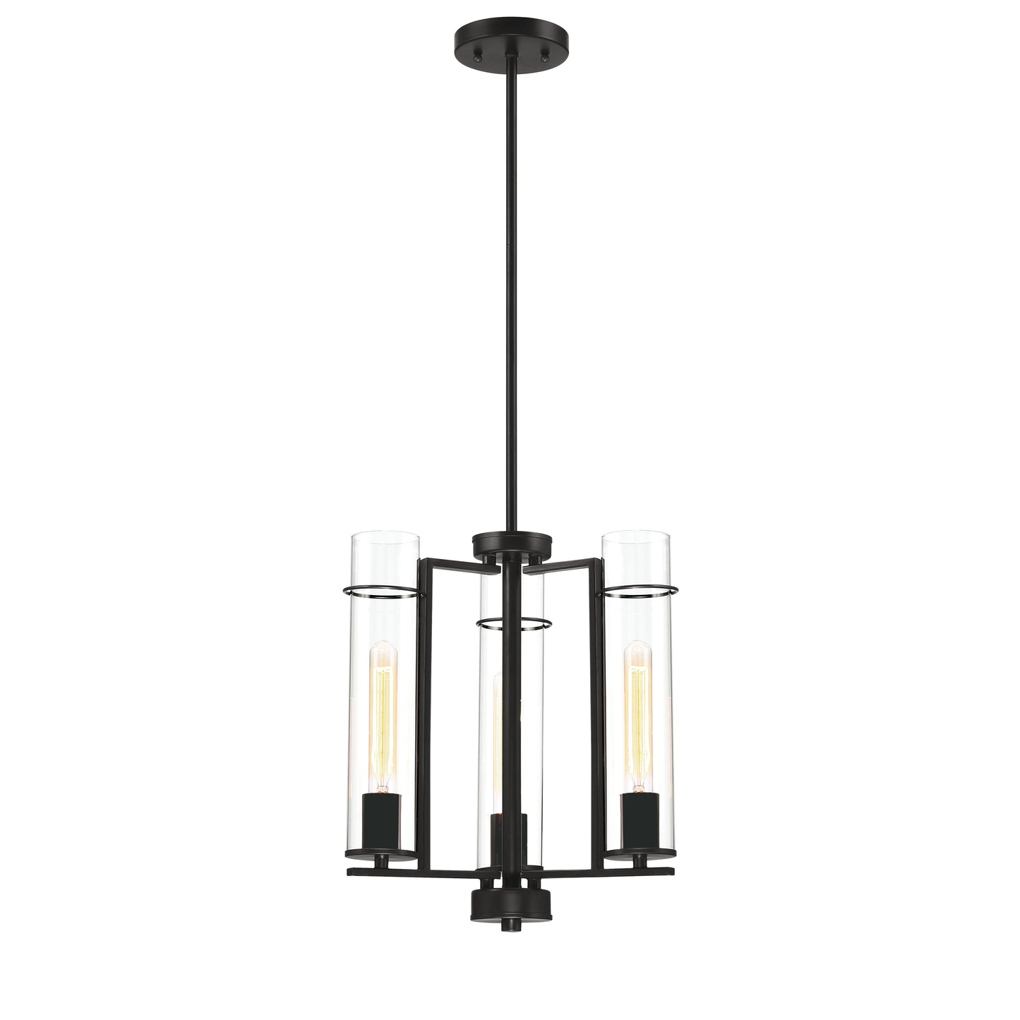 Black metal 3-light chandelier with clear glass tubes and rectangular links