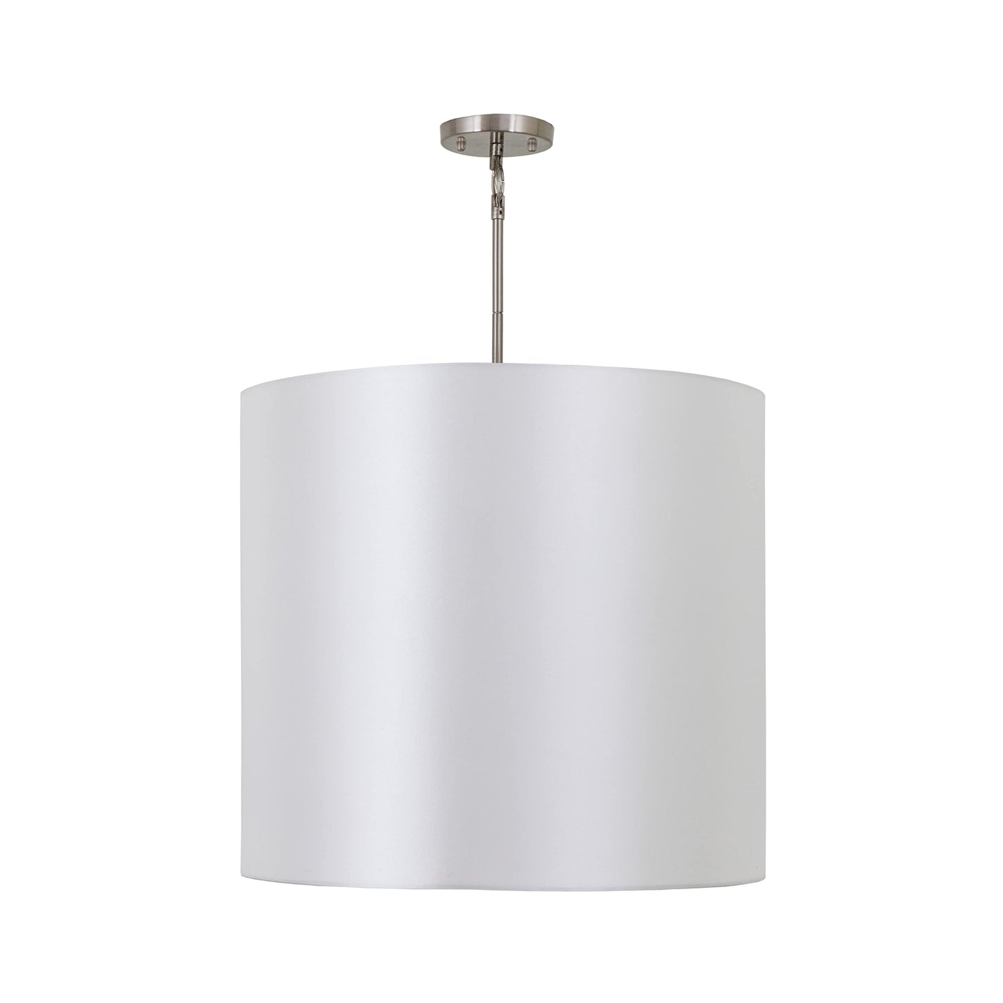 Modern satin steel pendant light with five fixtures and white shade for dining or entryway spaces