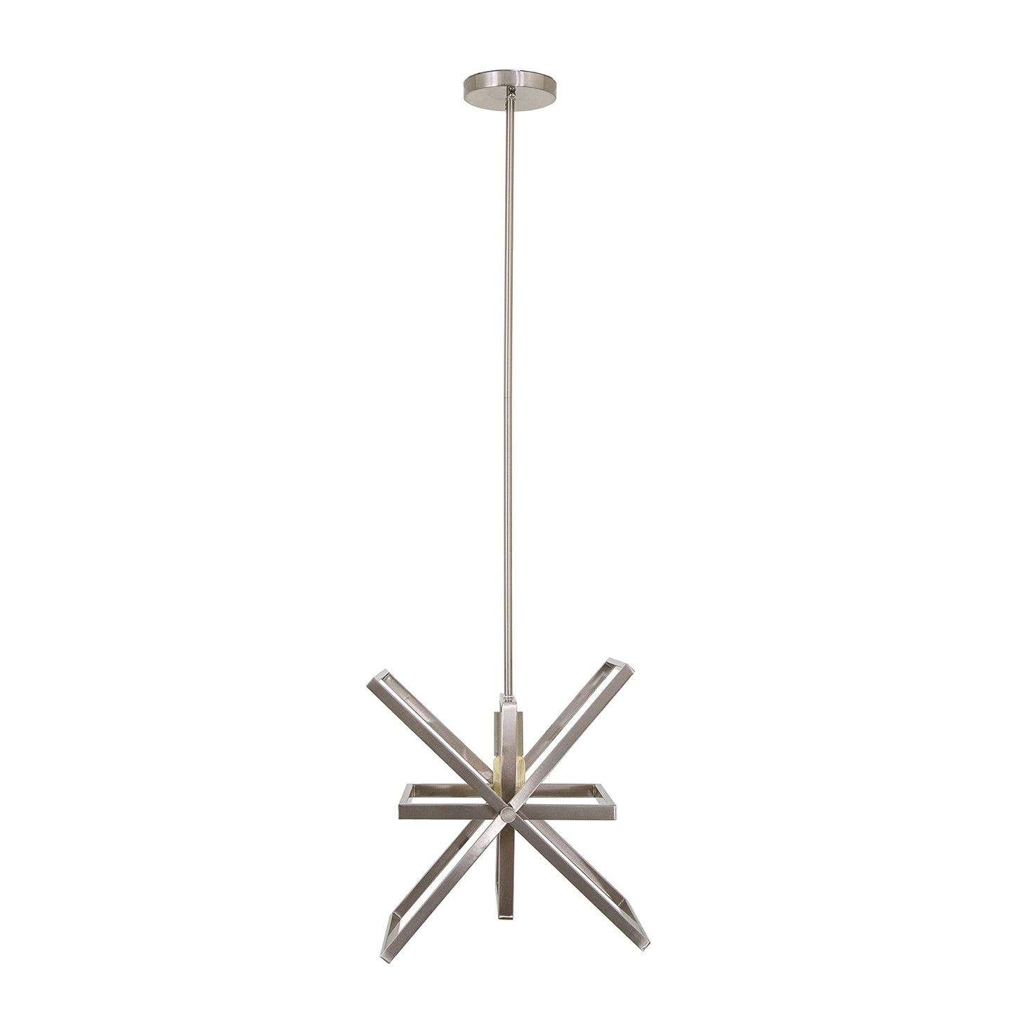 Modern geometric pendant light with brushed nickel frame hanging over dining area, adjustable height