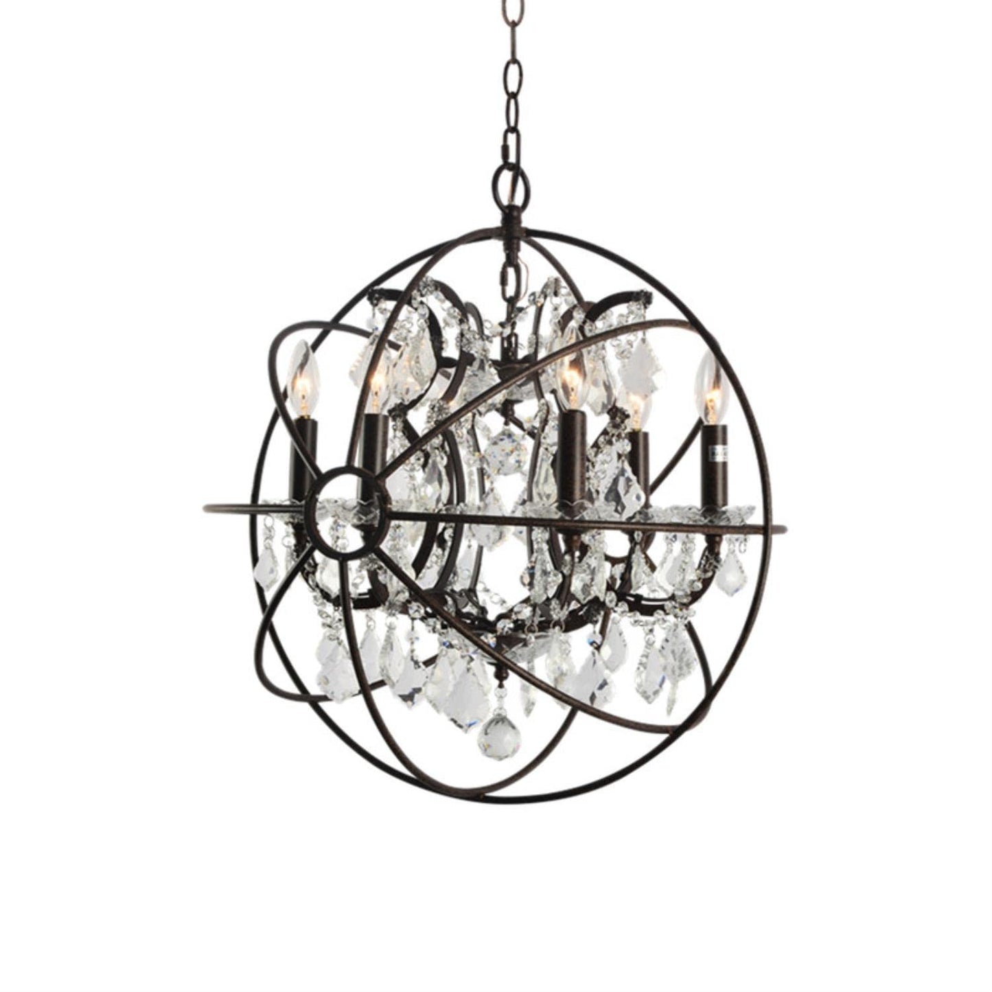Rustic brown chandelier with 6 crystal lights and decorative metal frame for dining rooms