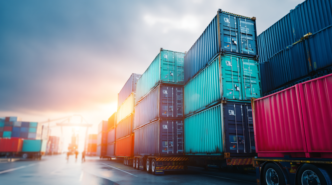 Vibrant warehouse loading optimized furniture pallets onto truck with glowing '20-50% Savings' text in sky, illustrating freight cost reduction strategies.