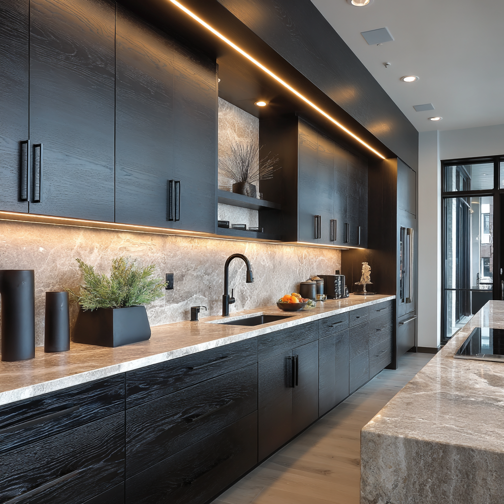 Modern undercabinet lighting featuring LED undercabinet lighting strips and fixtures for kitchen task lighting