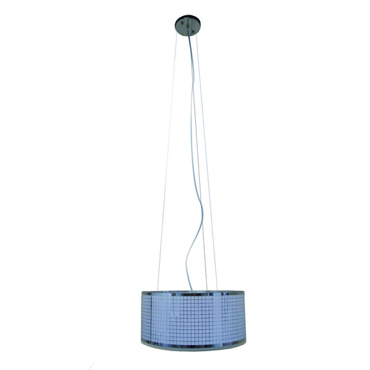 Chrome chandelier with 3 lights and modern netted shade design, suspended from adjustable chain
