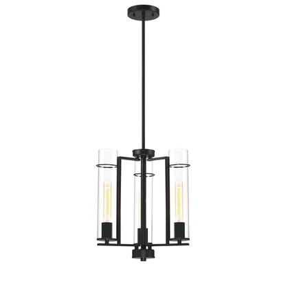 Black metal 3-light chandelier with clear glass tubes and rectangular links