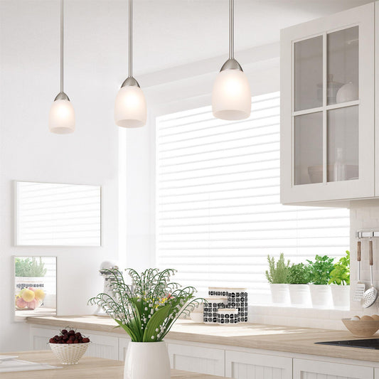 Minimalist brushed nickel pendant light with etched white glass shade from Mirror Lake collection
