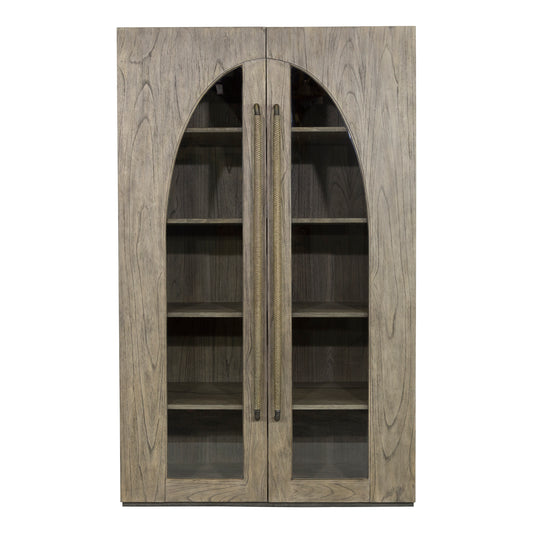 Modern glass display cabinet with Mindi veneer, teak handles and metal accents for stylish storage