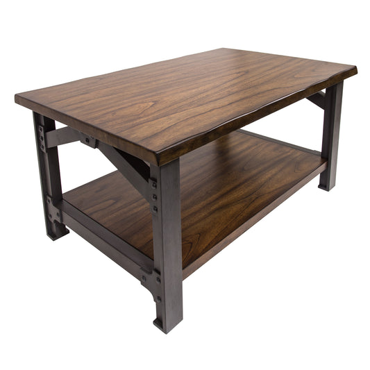 Rustic industrial coffee table with live-edge mahogany shelves and grey metal legs for living rooms
