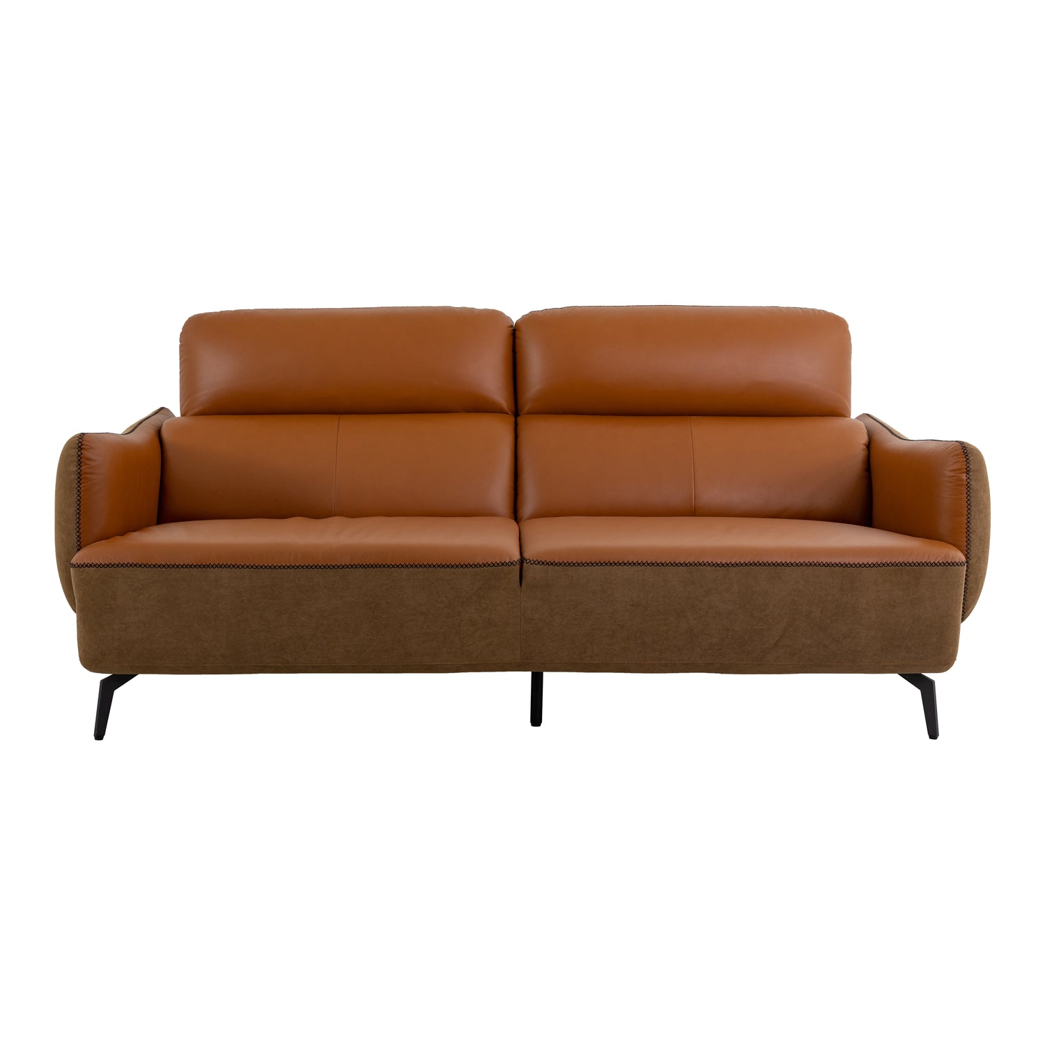 Vintage brown leather three-seater sofa with adjustable headrests and solid wood frame