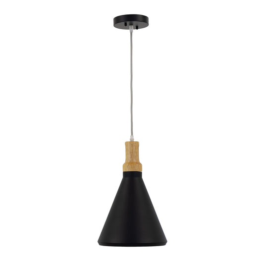 Black and wood industrial pendant light fixture hanging over kitchen island, aluminum construction
