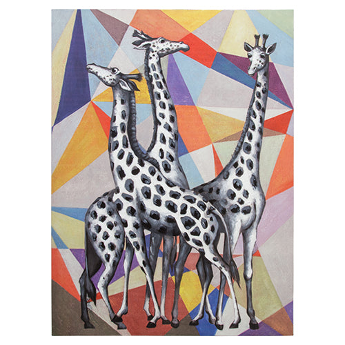 Black and white hand-painted giraffe canvas art with vibrant background for modern home decor