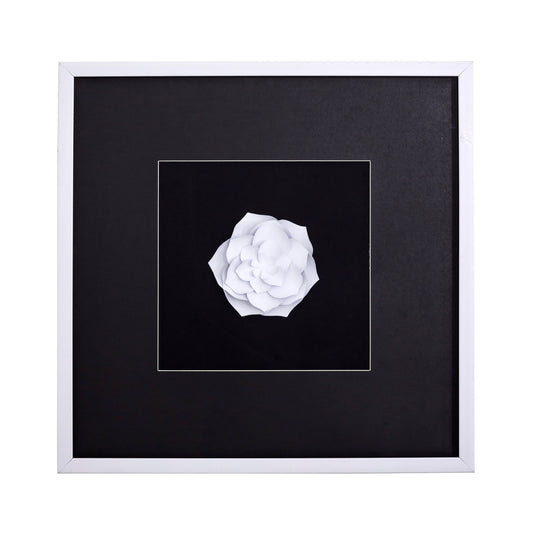 White three-dimensional handcrafted paper flower mounted in a charcoal wooden shadowbox frame, square format wall art measuring 21.7 inches