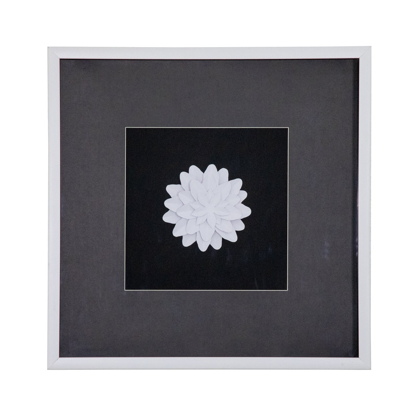 White three-dimensional handcrafted paper flower centered in a dual-finish charcoal wooden shadowbox frame, square format wall art measuring 21.7 inches