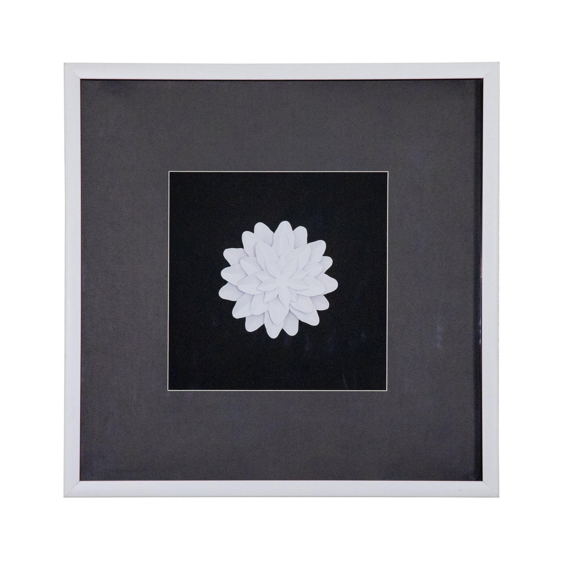 White three-dimensional handcrafted paper flower centered in a dual-finish charcoal wooden shadowbox frame, square format wall art measuring 21.7 inches