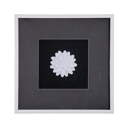 White three-dimensional handcrafted paper flower centered in a dual-finish charcoal wooden shadowbox frame, square format wall art measuring 21.7 inches