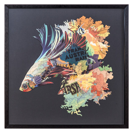 Vibrant layered rainbow dragon scale wall art in black frame - colorful fish silhouette decor
