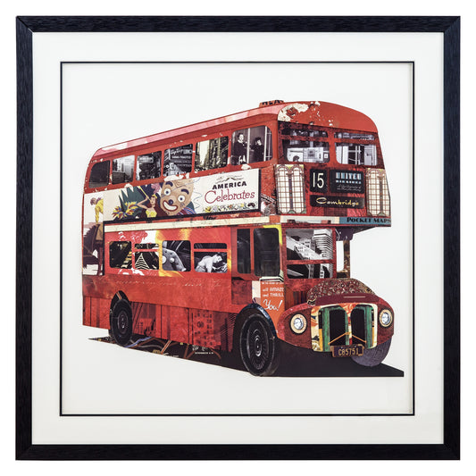 3D London double decker bus wall art featuring layered paper collage in iconic red, ready to hang