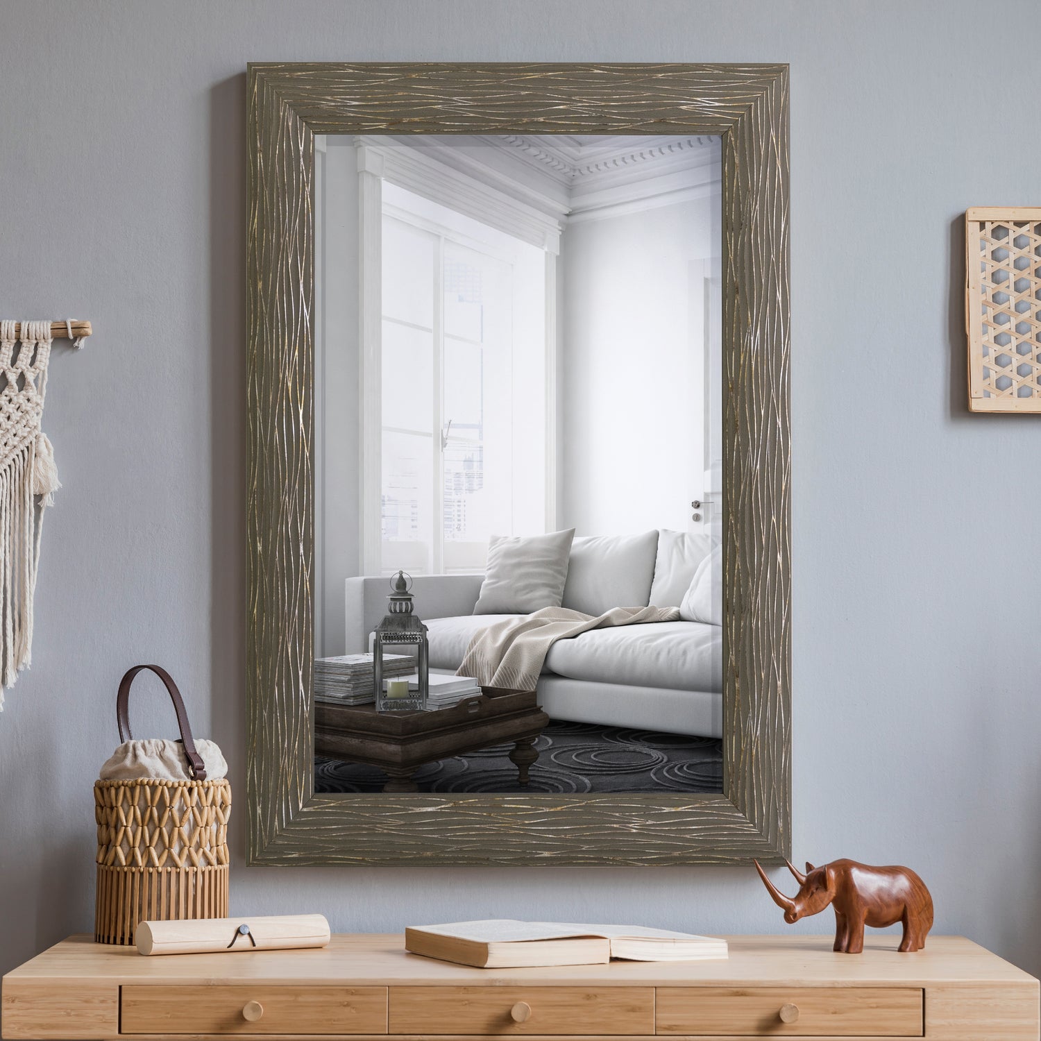 Bronze wall mirror with elegant gold accents in stylish tan Mekhi frame by Yosemite Home Decor

