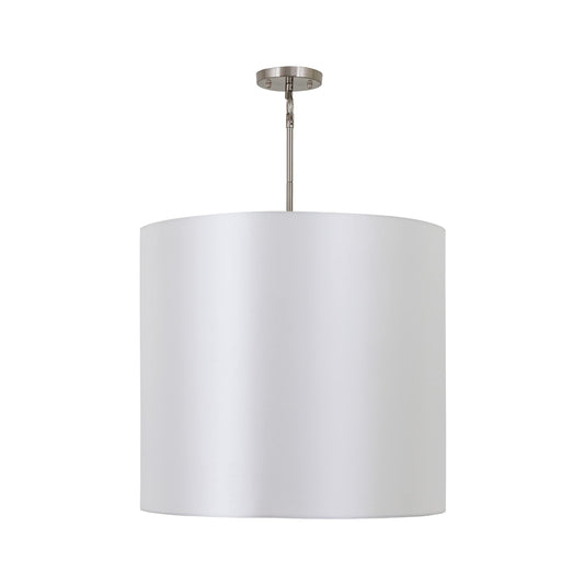 Modern satin steel pendant light with five fixtures and white shade for dining or entryway spaces
