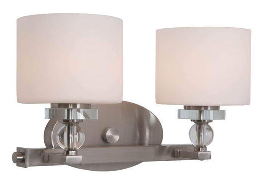 Modern satin steel vanity light with two white glass shades and crystal orbs for bathroom use
