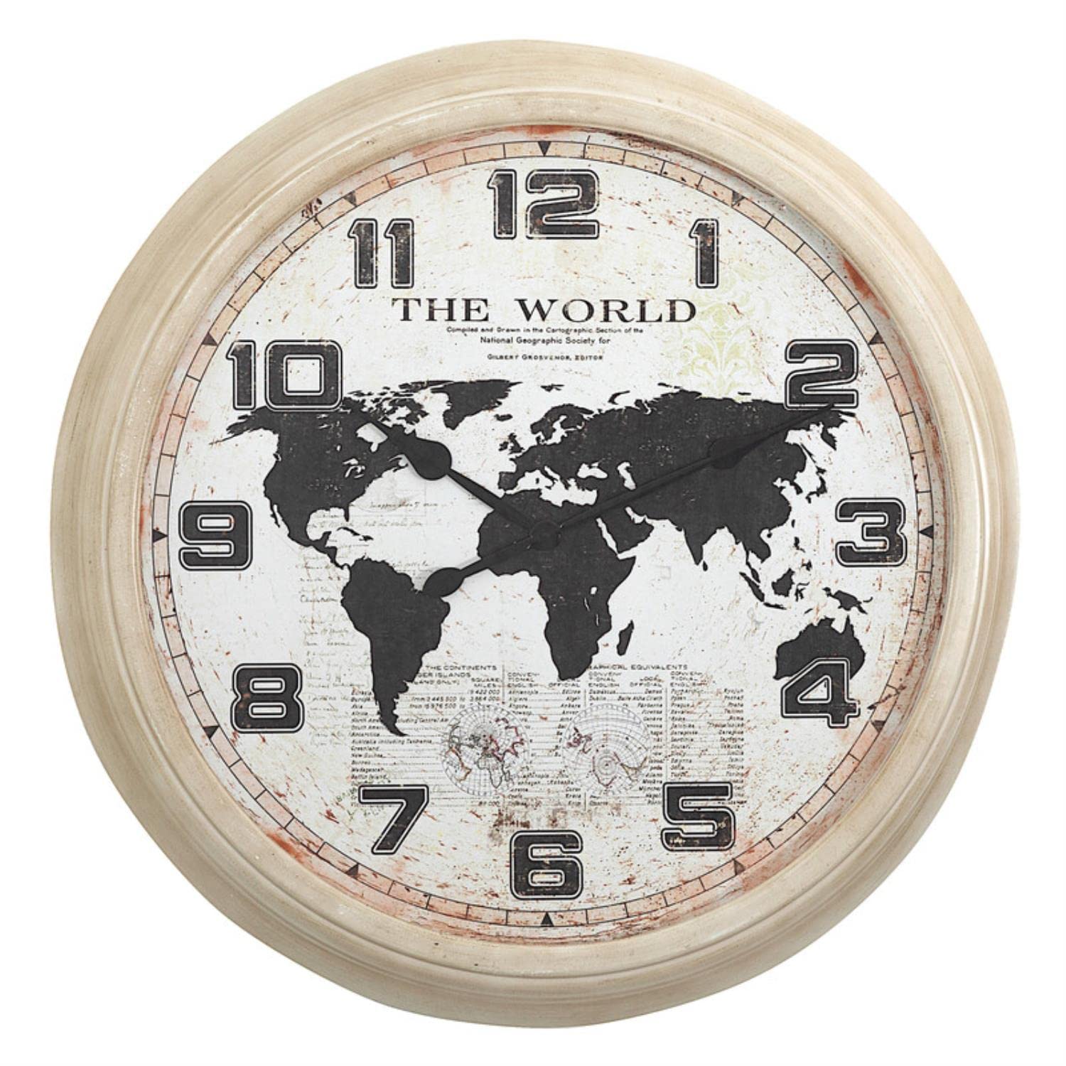 A large 37" rustic world map wall clock with aged parchment face and metal frame by Yosemite Home Decor.

