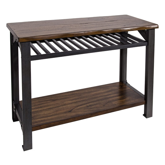Rustic-industrial console table with mahogany shelves, grey legs and live edge detail
