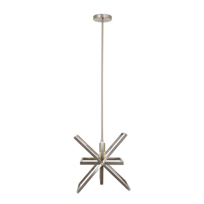 Modern geometric pendant light with brushed nickel frame hanging over dining area, adjustable height
