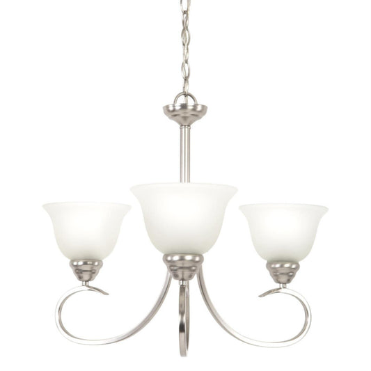 Modern satin nickel three-light chandelier with ribbon-like design for elegant dining room lighting

