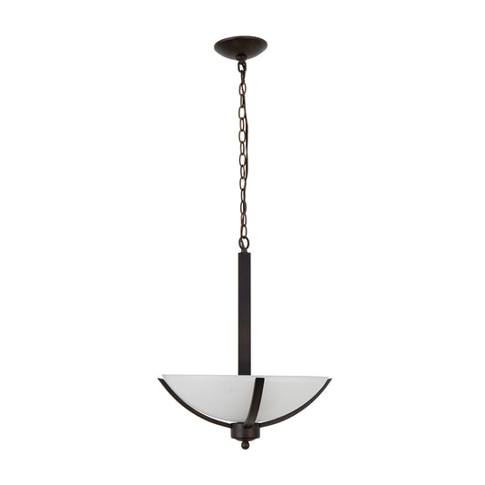 Three-light bowl chandelier with coffee brown finish and acid-washed glass, hanging from adjustable chain
