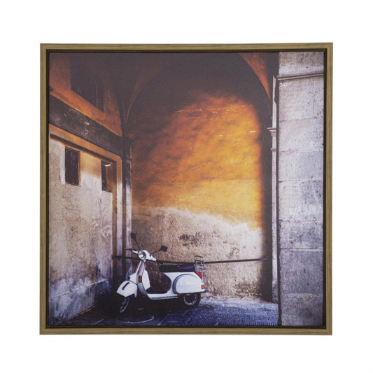 Framed bicycle canvas print of "Le VÃ©lo II" photograph in Yosemite, 32"x32" with light brown frame
