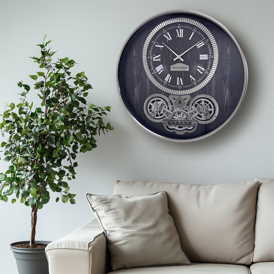 Industrial wall clock with visible gears and Roman numerals, dark wood finish, modern home decor above neutral sofa