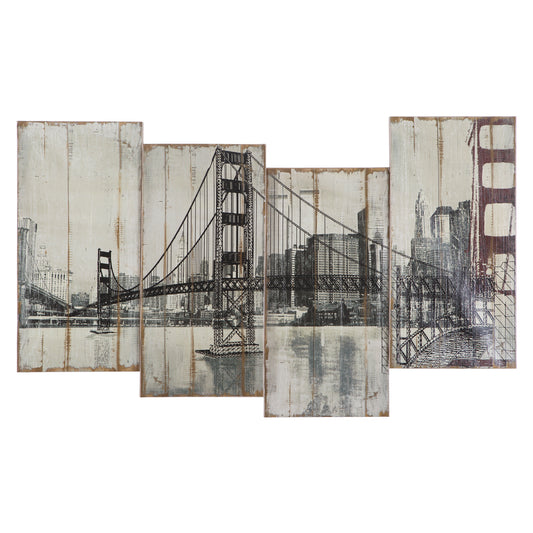 Golden Gate Bridge depicted in black and white on distressed rustic wood panels with turquoise and red accent colors, rectangular wall art measuring 39x24 inches
