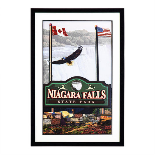 Niagara Falls 3D paper collage in black frame with patriotic eagle design under glass protection