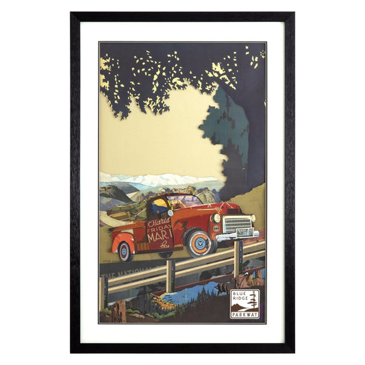 3D layered paper collage art of Blue Ridge Parkway mountains and trees in black frame
