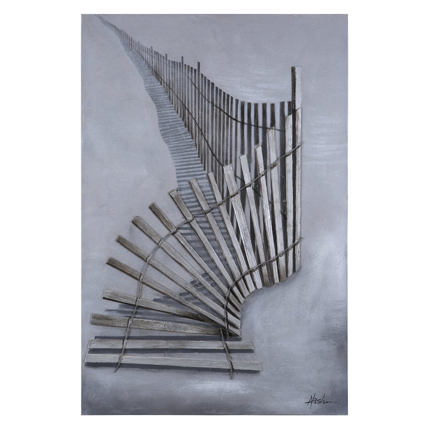 Textured 3D wall art depicting abstract grey fence design with stunning depth effect
