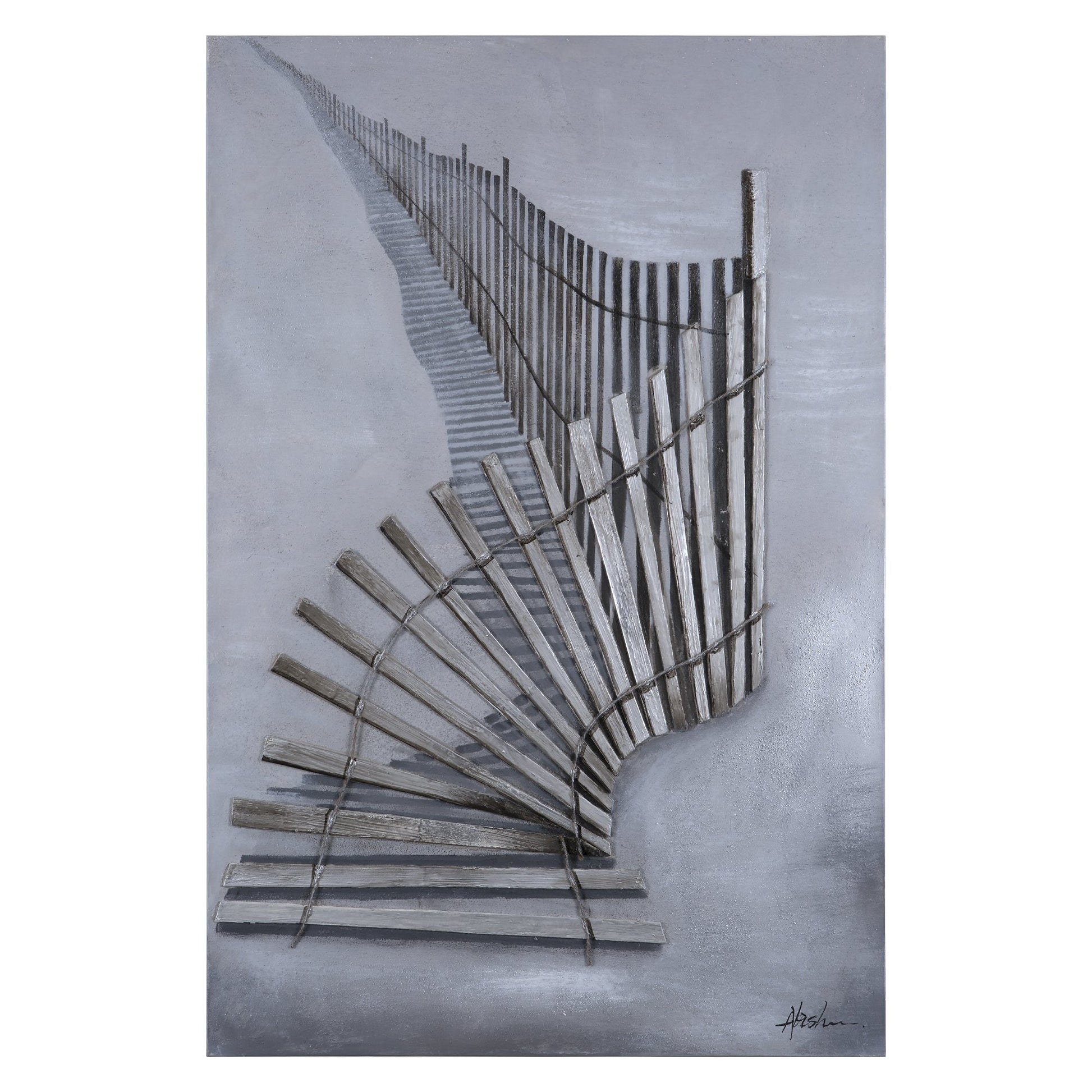 Textured 3D wall art depicting abstract grey fence design with stunning depth effect
