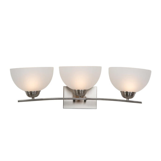 A sleek 3-light bathroom vanity light with satin steel finish and white acid-washed glass shades.
