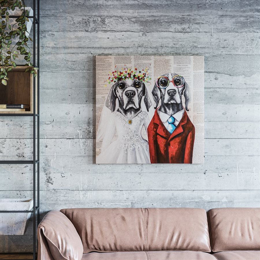 Dog couple wedding canvas art print with bride and groom costumes, modern wall decor above leather couch in contemporary living room"