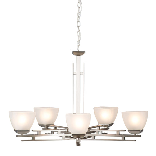 Satin nickel 5-light Half Dome chandelier with frosted glass shades for dining rooms and entryways
