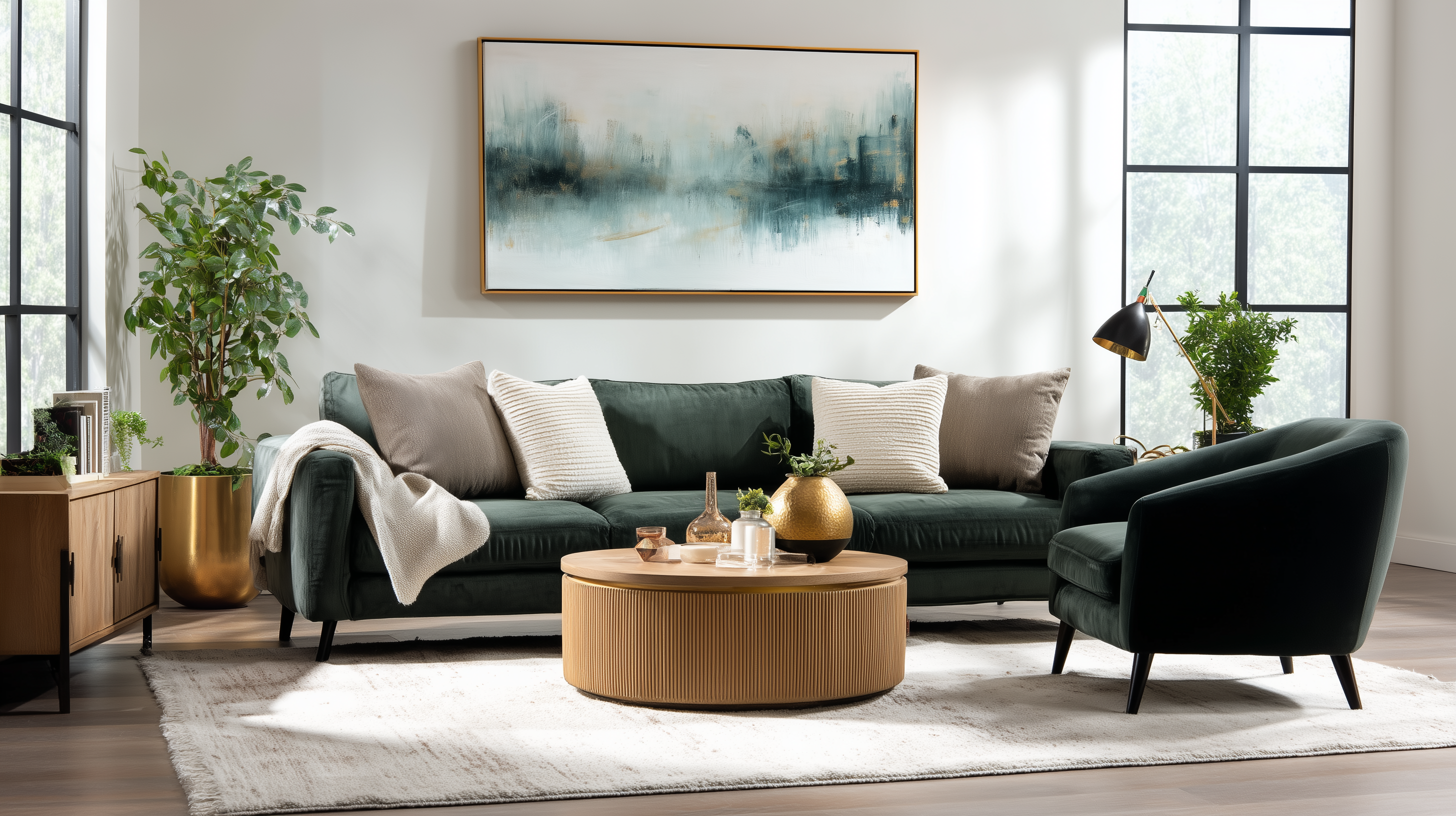 Forest green sectional sofa with neutral throw pillows, round wood coffee table, and coordinating accent chair in modern living room setting