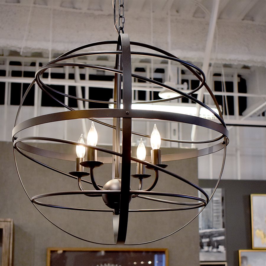 Industrial orb chandelier with black iron frame and Edison bulbs, modern pendant lighting fixture for dining room